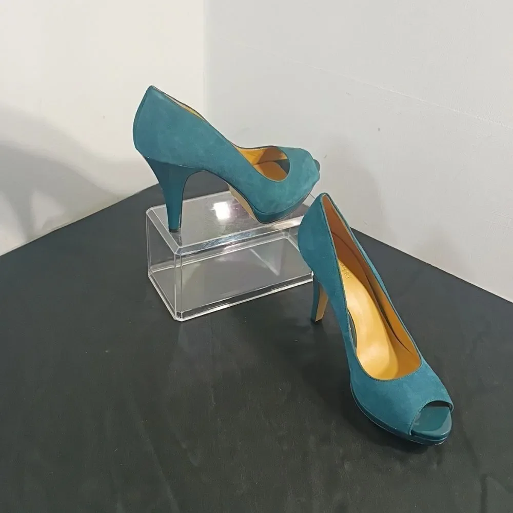 Nine West DANEE Women's SZ 10M Green Suede Platform Peep Toe 4